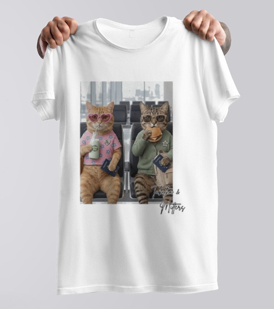 Tabitha & Mittens Airport Adventure Cats With Heart Glasses Milkshake Burger Passport T-Shirt
