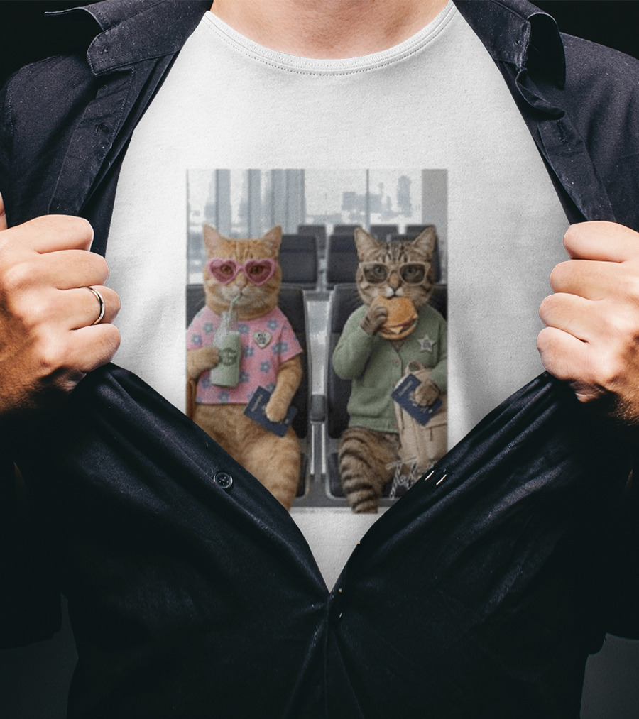Tabitha & Mittens Airport Adventure Cats With Heart Glasses Milkshake Burger Passport T-Shirt