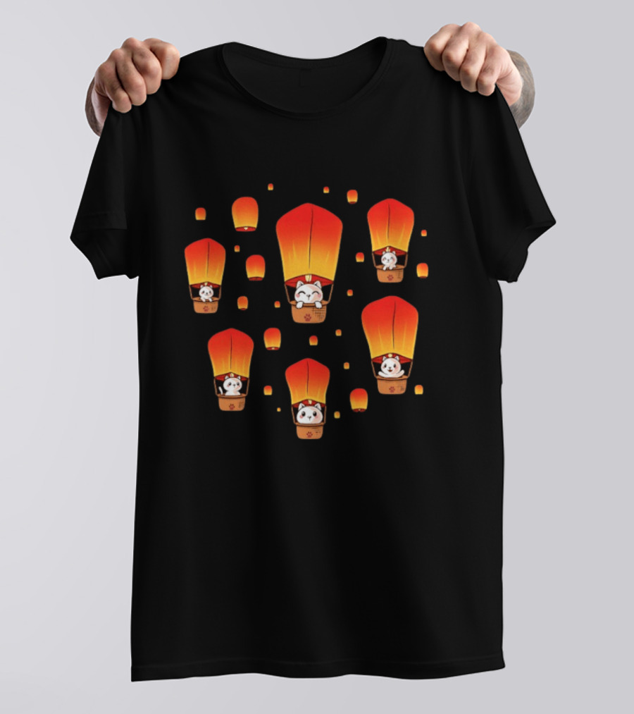 Cats In Lanterns Floating Skyward With Chinese New Year Charm T-Shirt