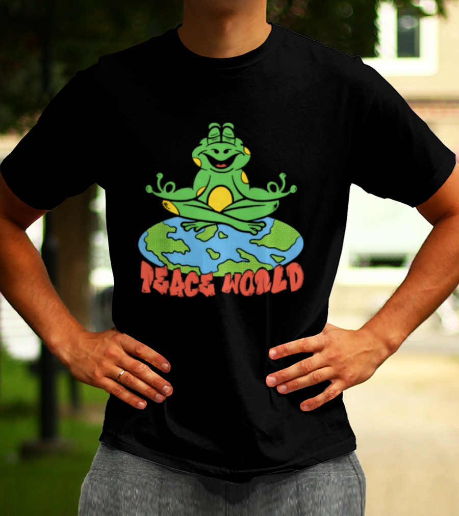 Meditating Frog Sitting On Planet Earth Peace World T-Shirt