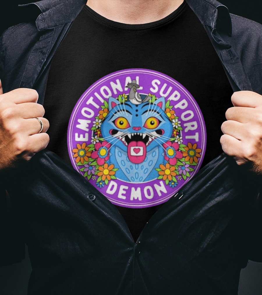 Emotional Support Derpy Demon Cat Surrounded By Flowers And Bird T-Shirt