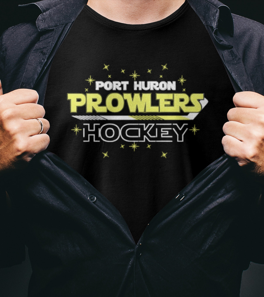 Port Huron Prowlers Hockey Team Yellow Text With Stars And Stick T-Shirt