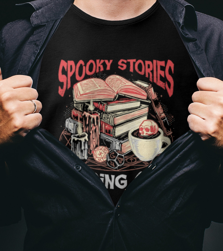 Spooky Stories Reading Club Books Candles Skulls And Cup T-Shirt