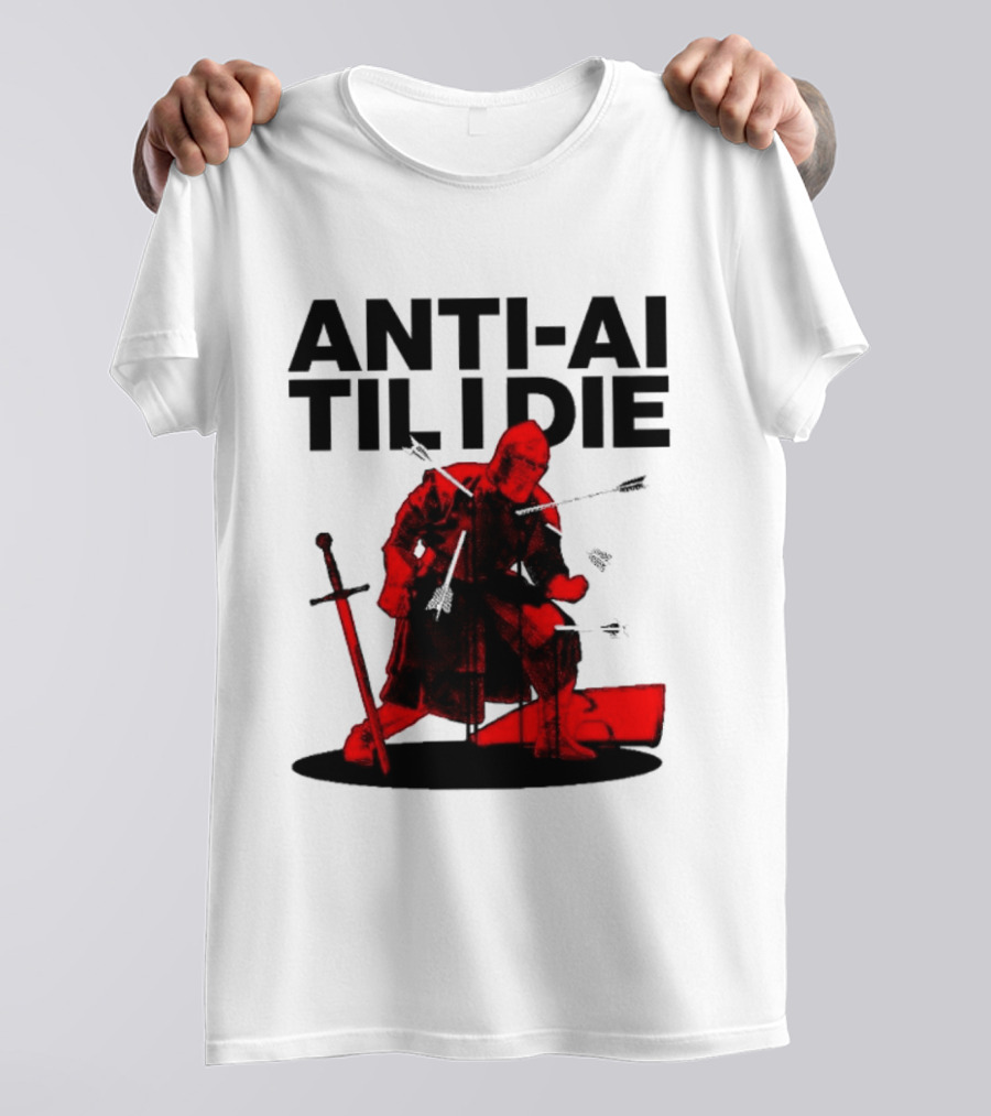 ANTI AI TIL I DIE Medieval Warrior Kneeling With Sword And Arrows T-Shirt