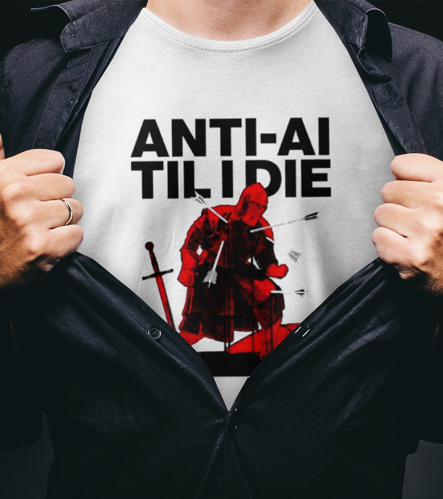 ANTI AI TIL I DIE Medieval Warrior Kneeling With Sword And Arrows T-Shirt