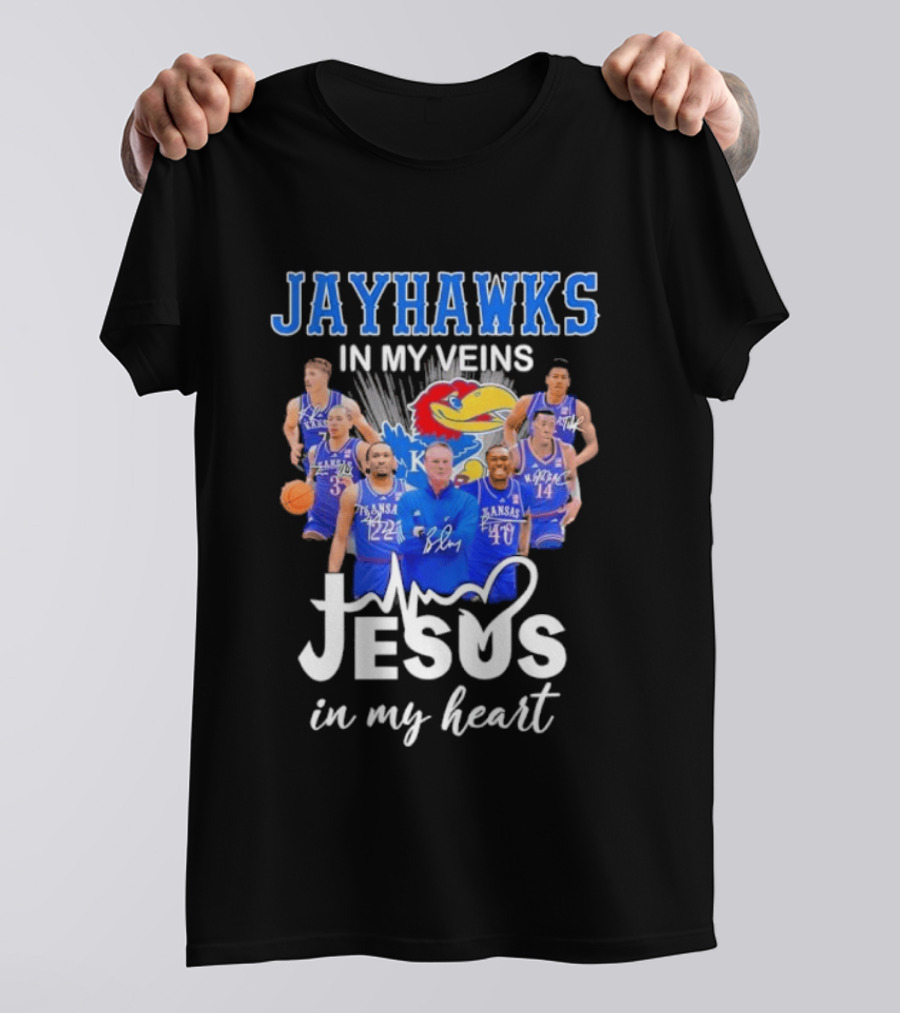 Jayhawks In My Veins Jesus In My Heart Kansas Basketball Coach Bill Self Players T-Shirt