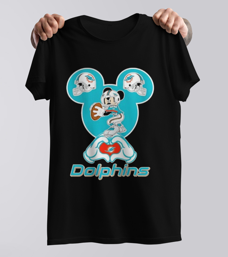 Miami Dolphins Mickey Mouse Heart Hands Football Helmets T-Shirt