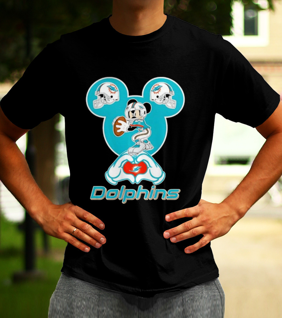 Miami Dolphins Mickey Mouse Heart Hands Football Helmets T-Shirt