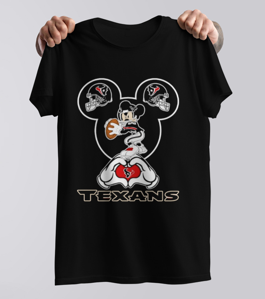 Houston Texans Mickey Mouse Heart Hands Football T-Shirt