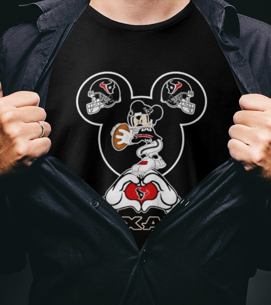 Houston Texans Mickey Mouse Heart Hands Football T-Shirt