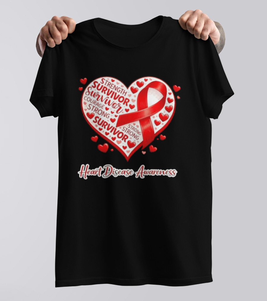 Survivor Strength Courage Strong Heart Disease Awareness Red Ribbon T-Shirt