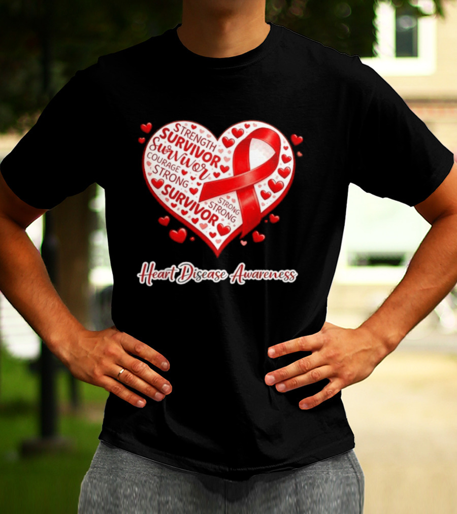 Survivor Strength Courage Strong Heart Disease Awareness Red Ribbon T-Shirt