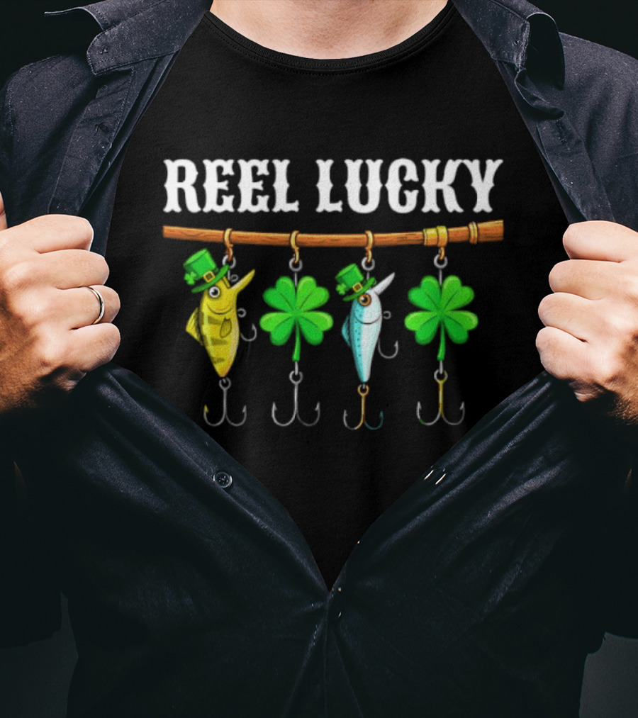 Reel Lucky St Patrick's Day Fishing Shamrock Hooks T-Shirt