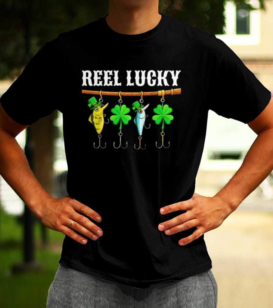 Reel Lucky St Patrick's Day Fishing Shamrock Hooks T-Shirt