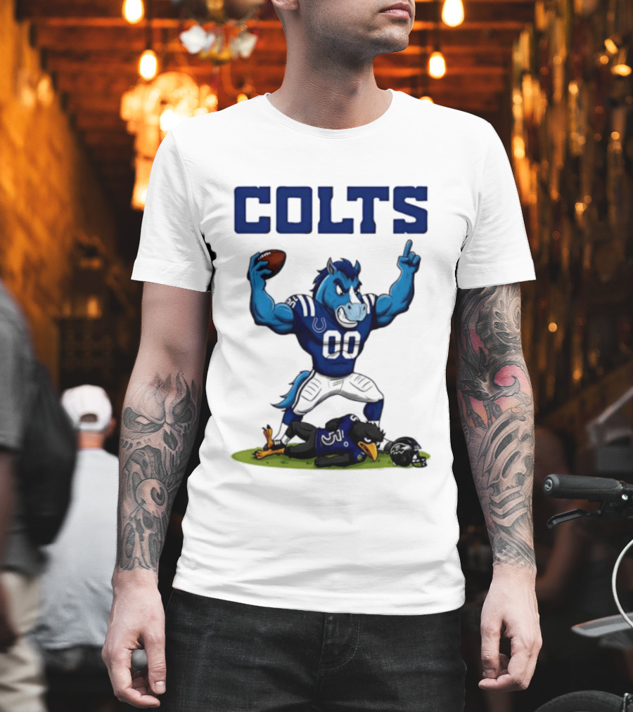 Indianapolis Colts Horse Mascot Defeats Baltimore Ravens Bird Rivalry Football Showdown T-Shirt