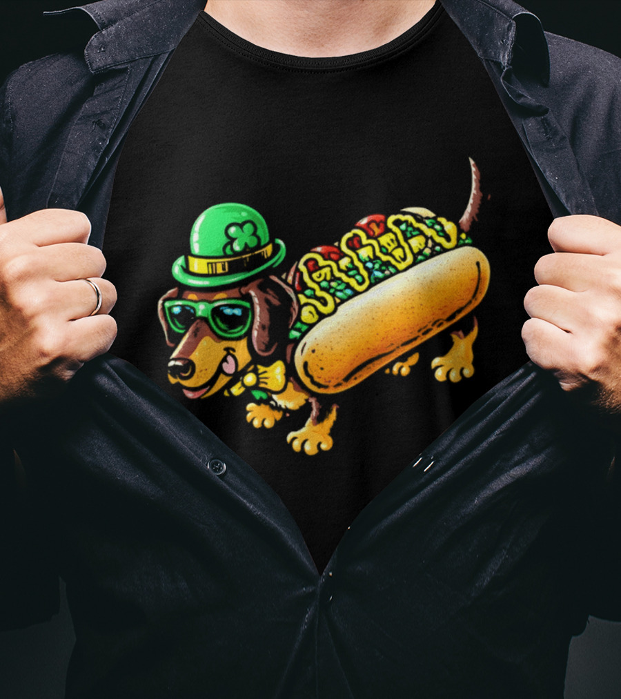 St Patricks Day Chicago Hot Dog Wearing Irish Hat And Glasses T-Shirt