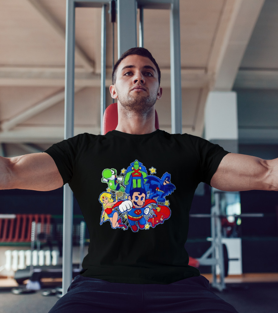 Justice League Mario Bros Crossover With Yoshi Batman Flash Wonder Woman Martian Manhunter T-Shirt