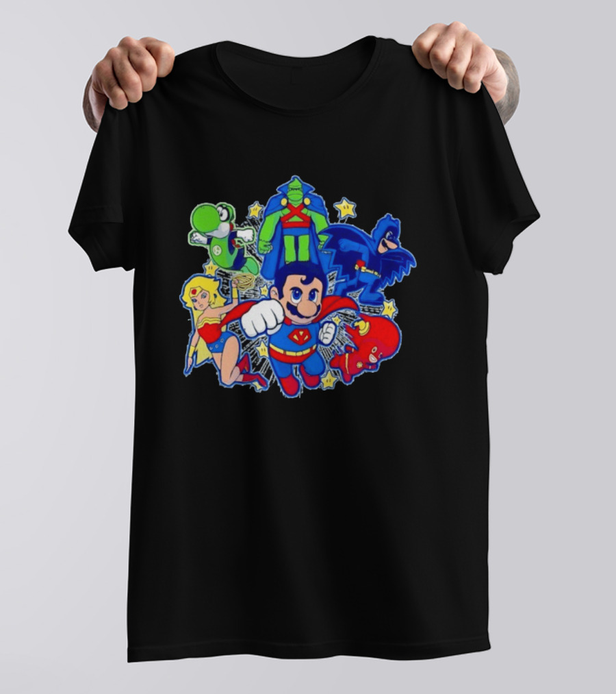 Justice League Mario Bros Crossover With Yoshi Batman Flash Wonder Woman Martian Manhunter T-Shirt