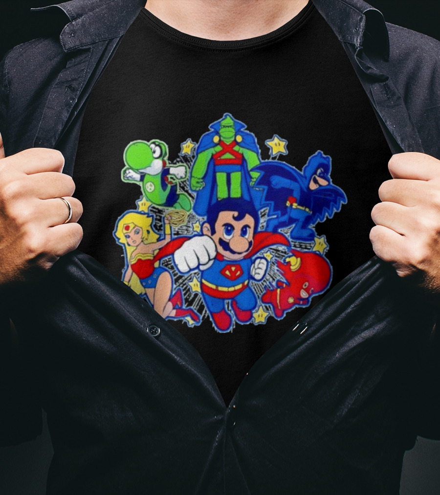 Justice League Mario Bros Crossover With Yoshi Batman Flash Wonder Woman Martian Manhunter T-Shirt