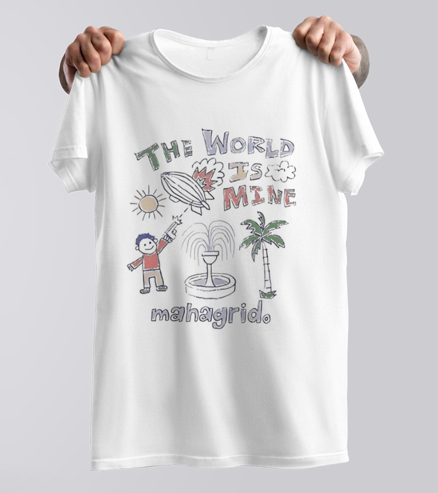 The World Is Mine Mahagrid Sun Blimp Plane Fountain Palm Tree T-Shirt