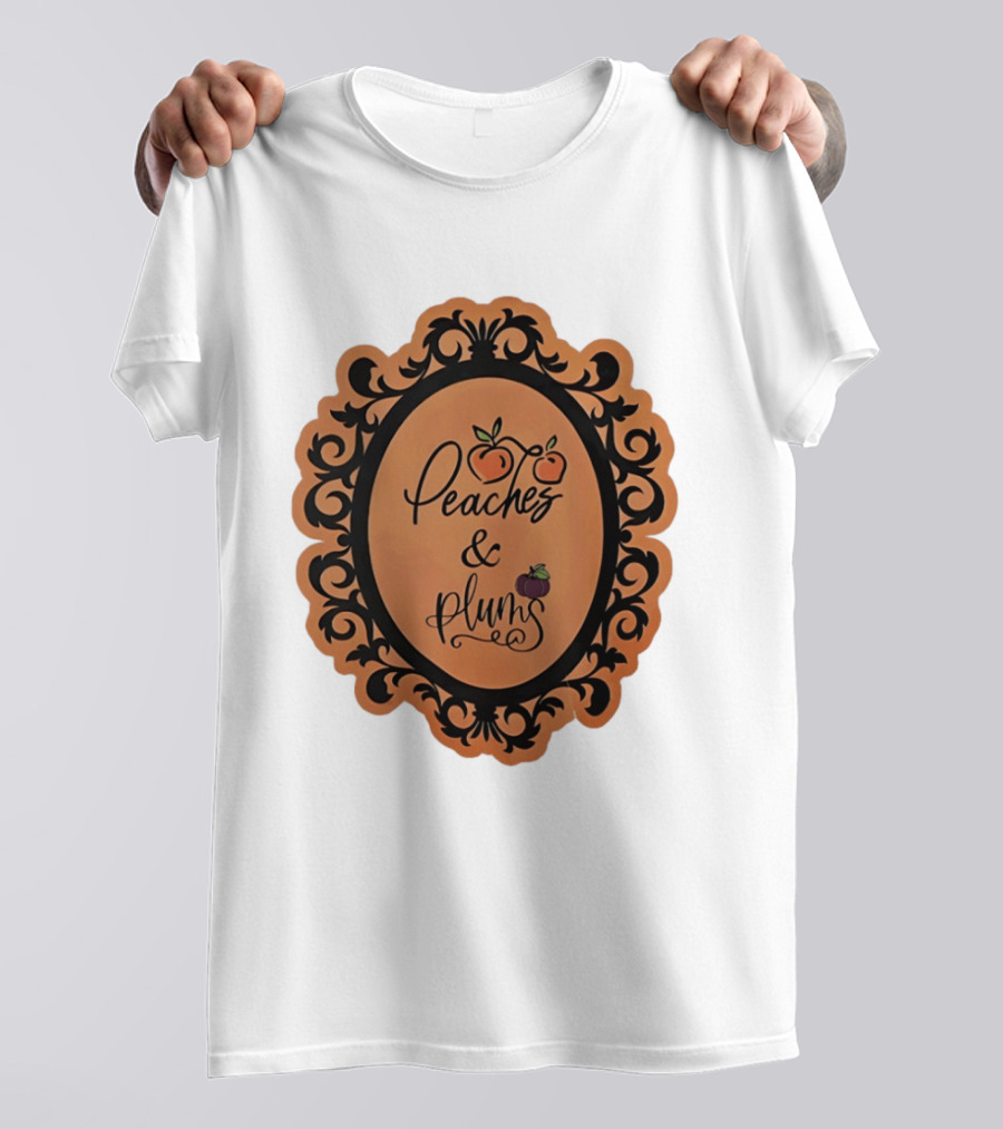 Peaches And Plums Ornate Black Floral Oval Frame T-Shirt