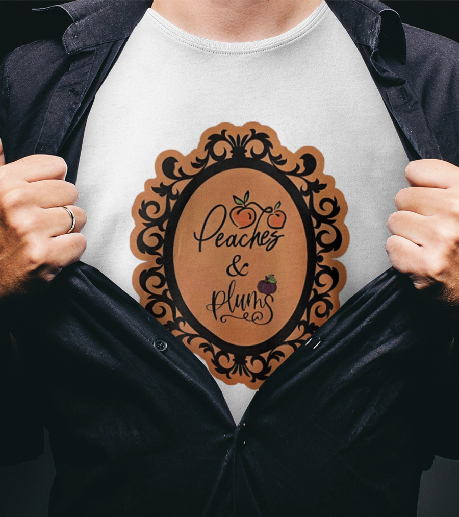 Peaches And Plums Ornate Black Floral Oval Frame T-Shirt