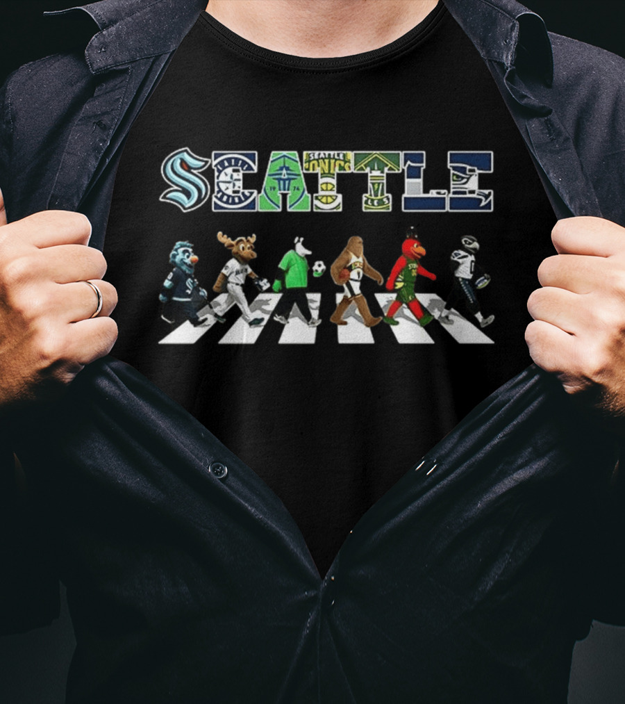 Seattle Kraken Mariners Supersonics Sounders Storm Seahawks Mascots Abbey Road T-Shirt