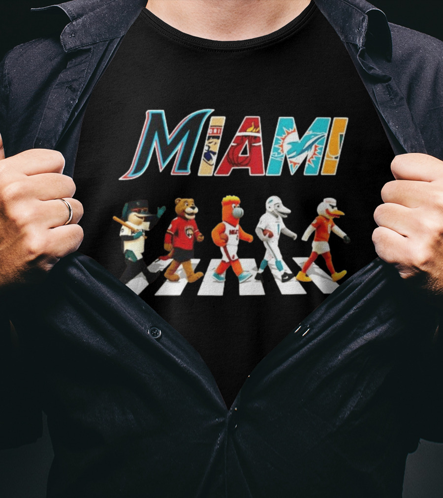 Miami Marlins Panthers Heat Dolphins Hurricanes Mascots Crosswalk T-Shirt