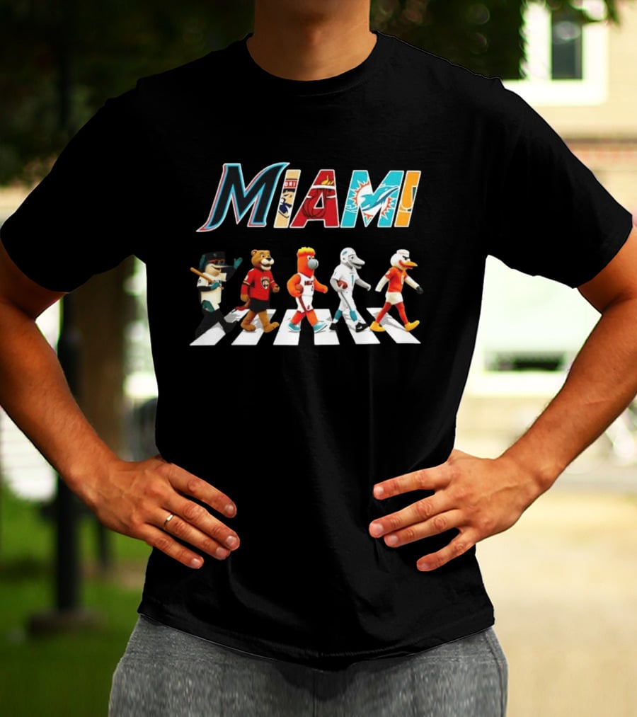 Miami Marlins Panthers Heat Dolphins Hurricanes Mascots Crosswalk T-Shirt