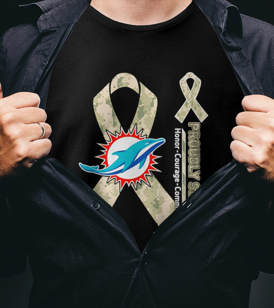 Miami Dolphins Proudly Served Camouflage Ribbon Honor Courage Commitment T-Shirt