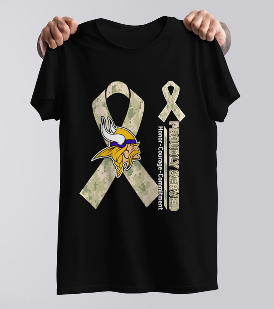 Minnesota Vikings Proudly Served Honor Courage Commitment Camouflage Ribbon T-Shirt