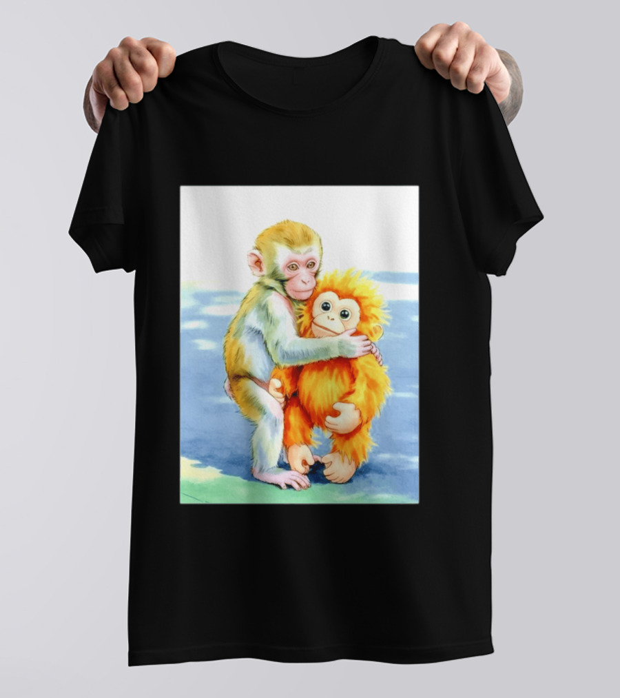 Adorable Monkey Cuddling Orange Plush Toy Scene T-Shirt