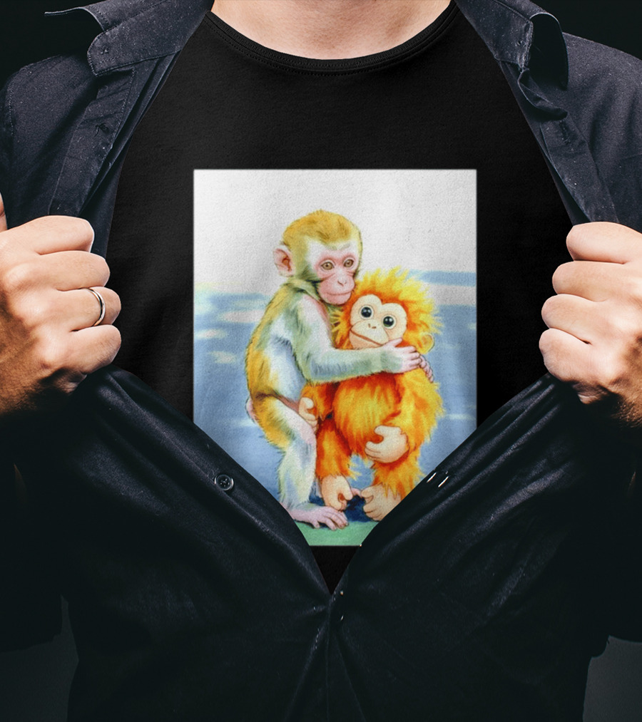 Adorable Monkey Cuddling Orange Plush Toy Scene T-Shirt