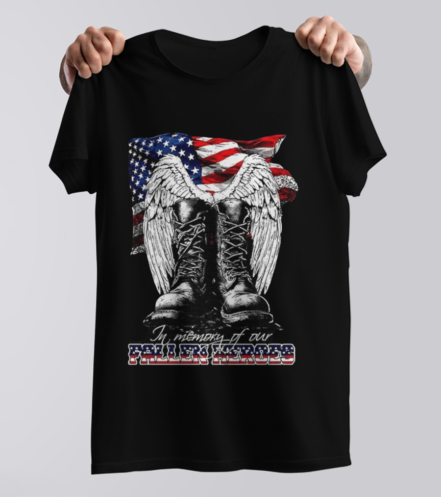 Hero's In The Sky In Memory Of Our Fallen Heroes American Flag Boots And Wings T-Shirt