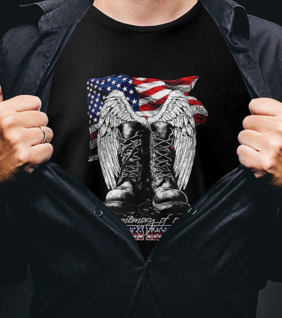 Hero's In The Sky In Memory Of Our Fallen Heroes American Flag Boots And Wings T-Shirt