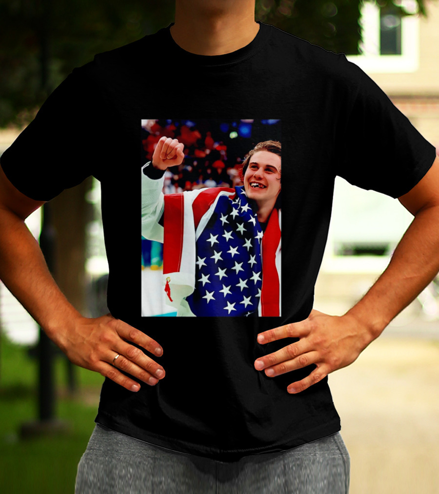Jack Hughes Celebrating Team USA Hockey Star Spangled Moment T-Shirt