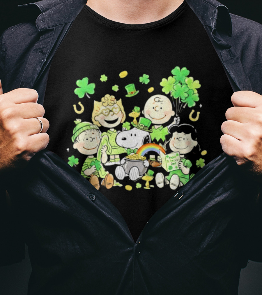 St. Patrick's Day Peanuts Snoopy And Friends With Shamrocks Horseshoes And Rainbow T-Shirt