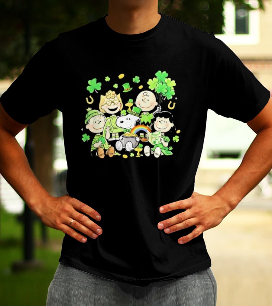 St. Patrick's Day Peanuts Snoopy And Friends With Shamrocks Horseshoes And Rainbow T-Shirt
