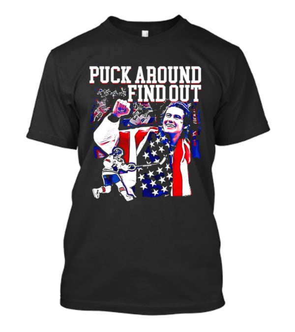 Puck Around Find Out Jack Hughes USA Hockey American Flag Celebration T-Shirt