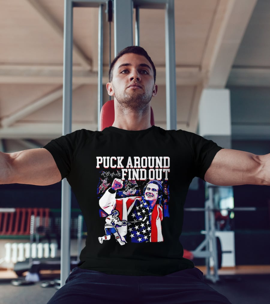 Puck Around Find Out Jack Hughes USA Hockey American Flag Celebration T-Shirt