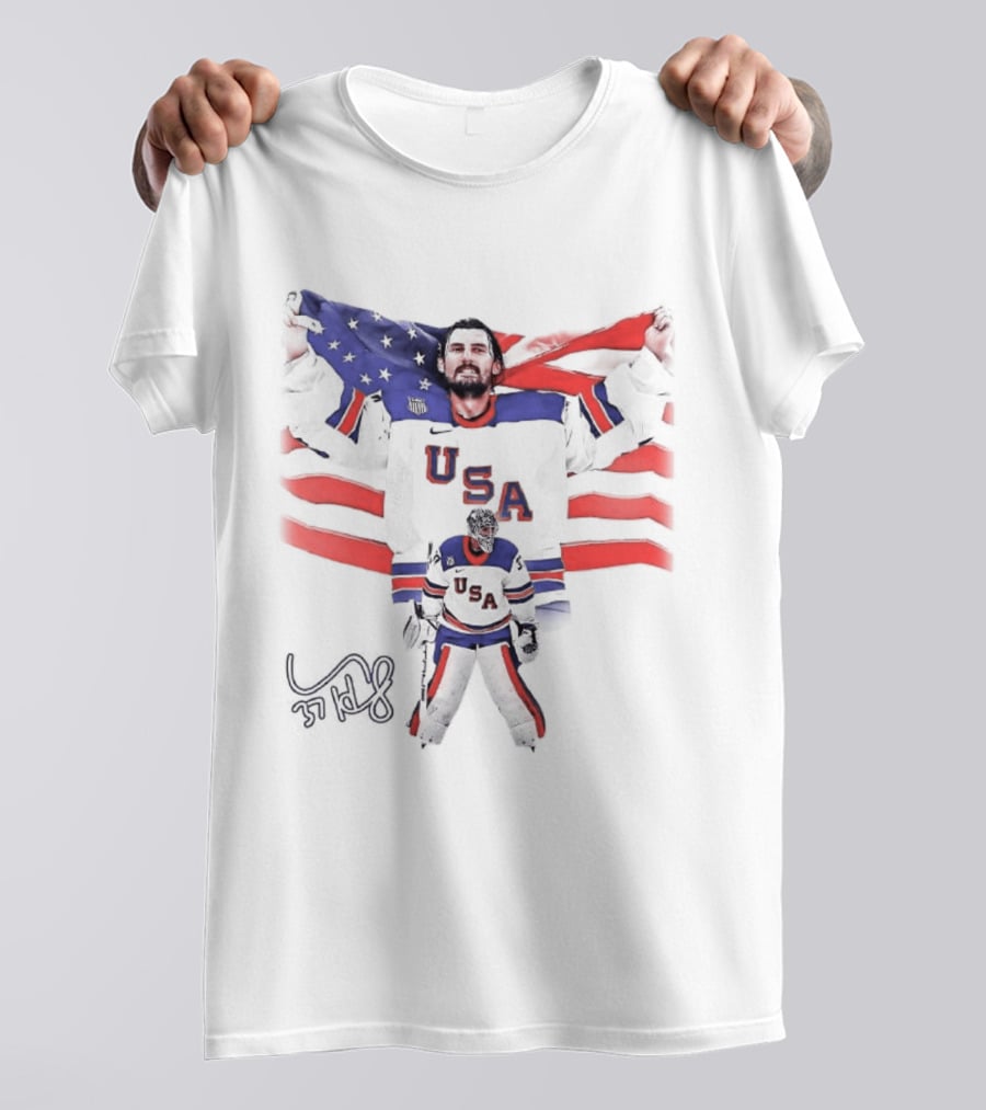 Connor Hellebuyck Team USA Olympic Gold Celebration Hockey Player With American Flag T-Shirt