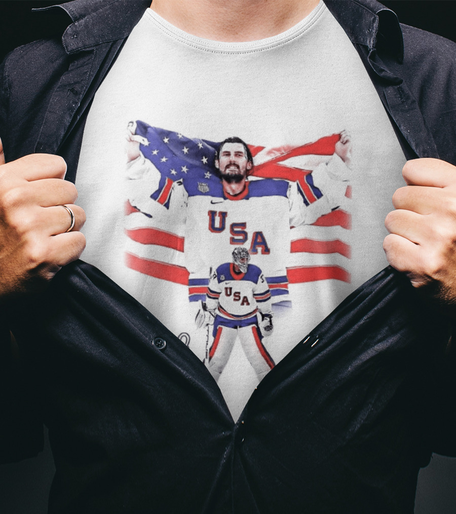 Connor Hellebuyck Team USA Olympic Gold Celebration Hockey Player With American Flag T-Shirt