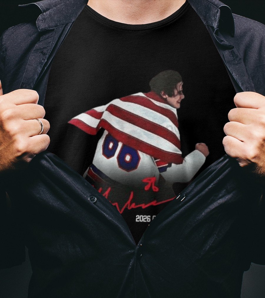 Jack Hughes Autographed Team USA Ice Hockey 2026 GoldenGoal Flag Celebration T-Shirt