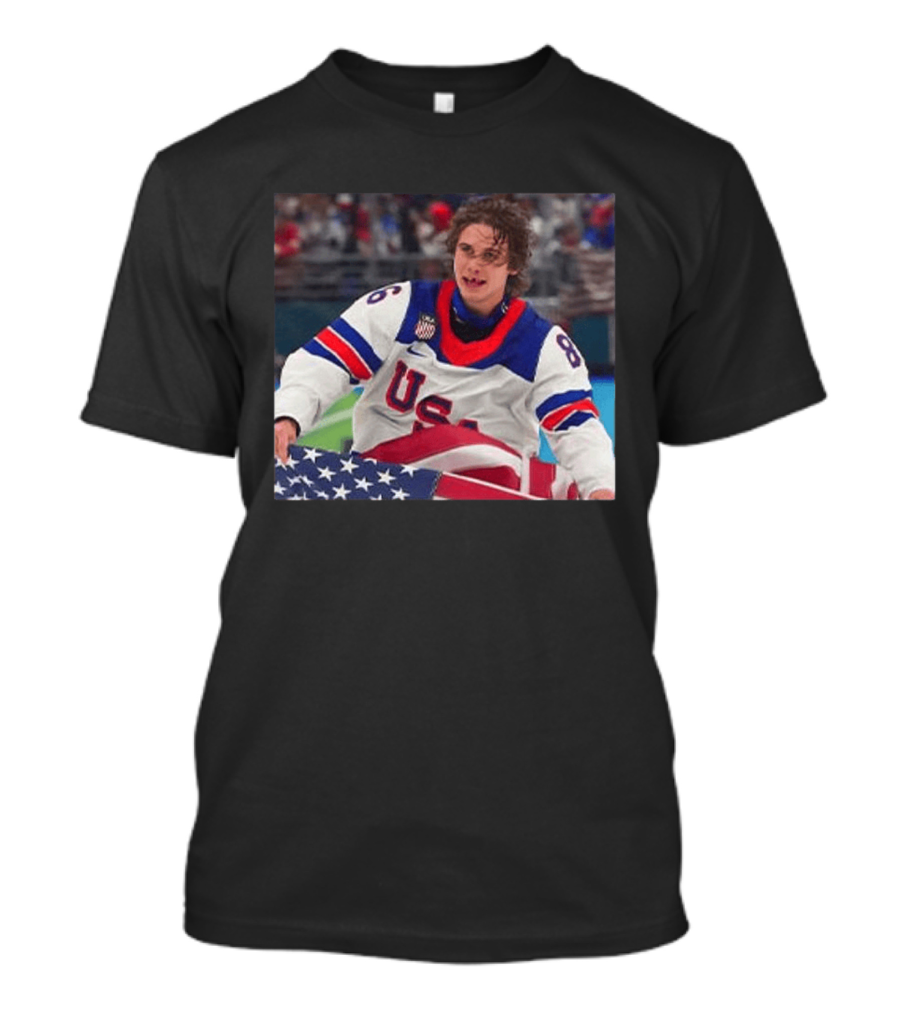 USA Hockey Jack Hughes Team 86 American Flag T-Shirt