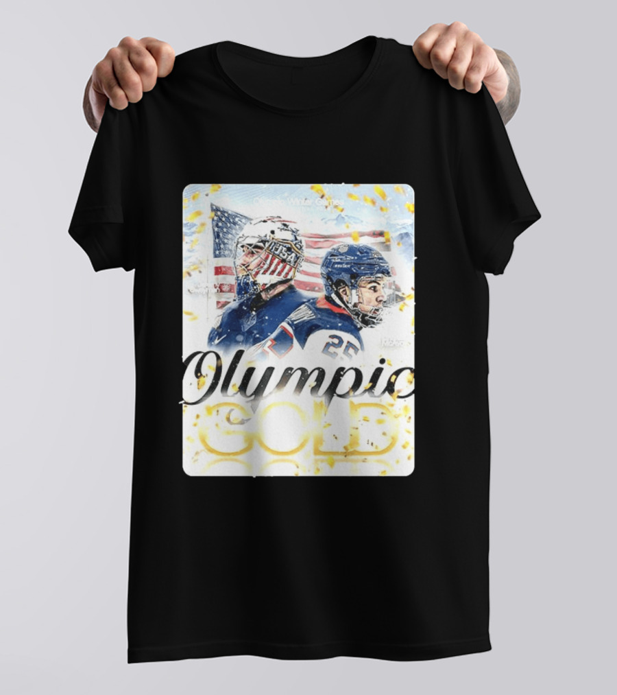 Olympic Winter Games USA Jeremy Swayman Charlie McAvoy Olympic Gold T-Shirt