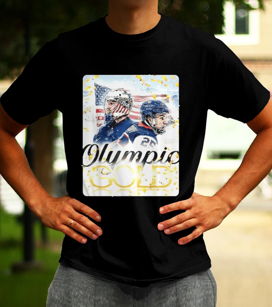 Olympic Winter Games USA Jeremy Swayman Charlie McAvoy Olympic Gold T-Shirt