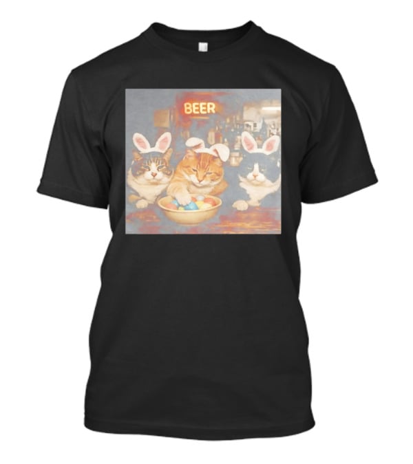 Beer Cat Trio Bunny Ears With Easter Eggs T-Shirt