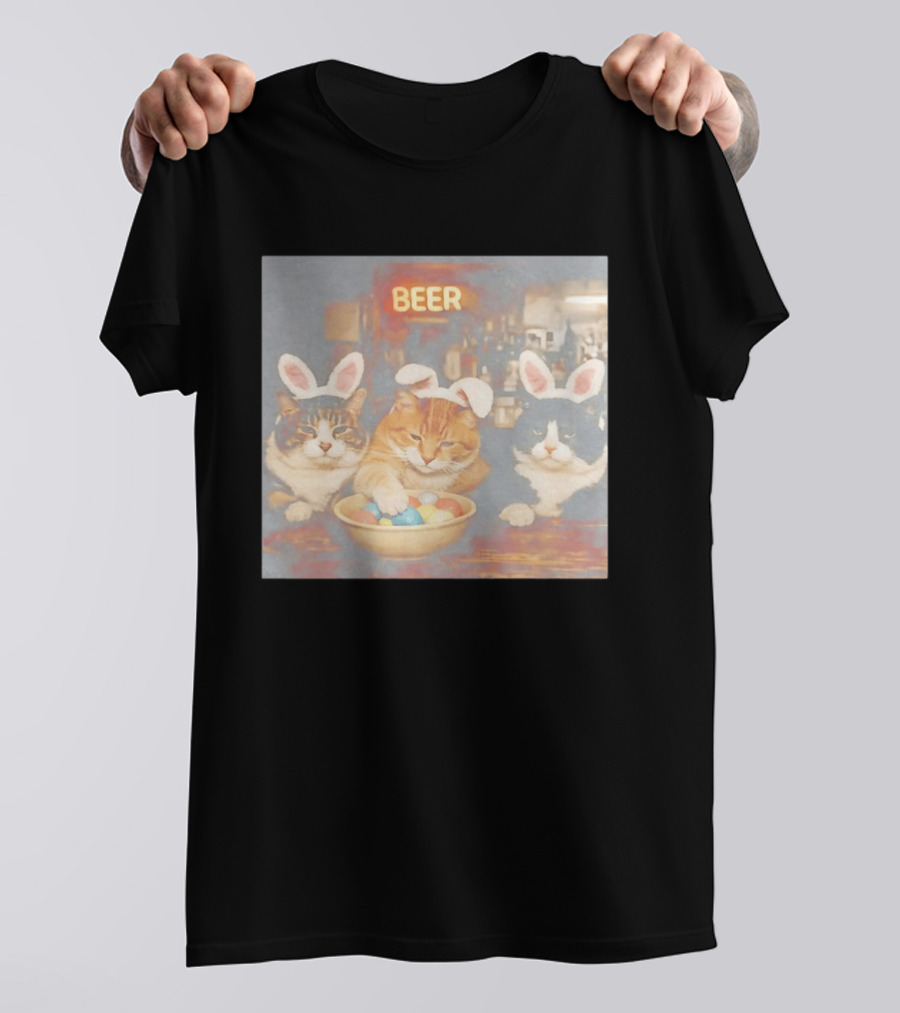Beer Cat Trio Bunny Ears With Easter Eggs T-Shirt