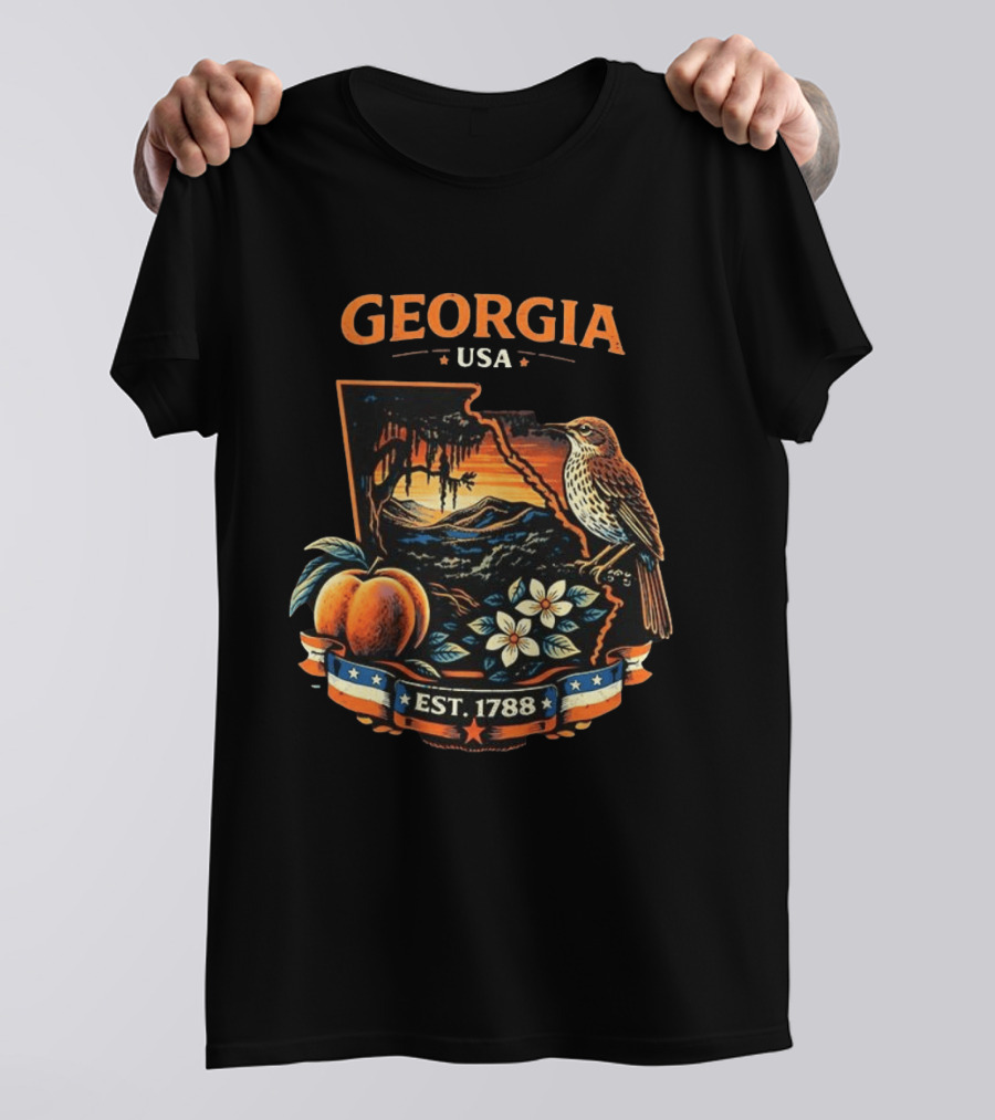 Georgia USA Established 1788 Peach Bird Landscape T-Shirt