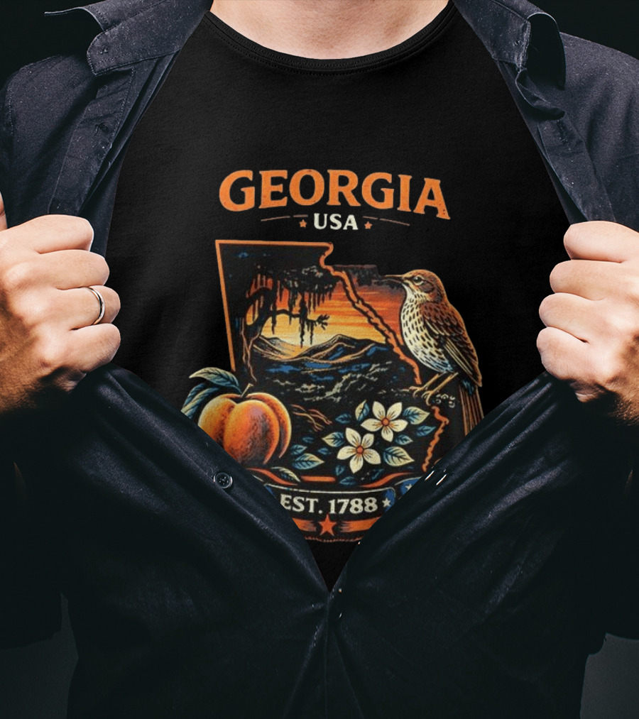 Georgia USA Established 1788 Peach Bird Landscape T-Shirt